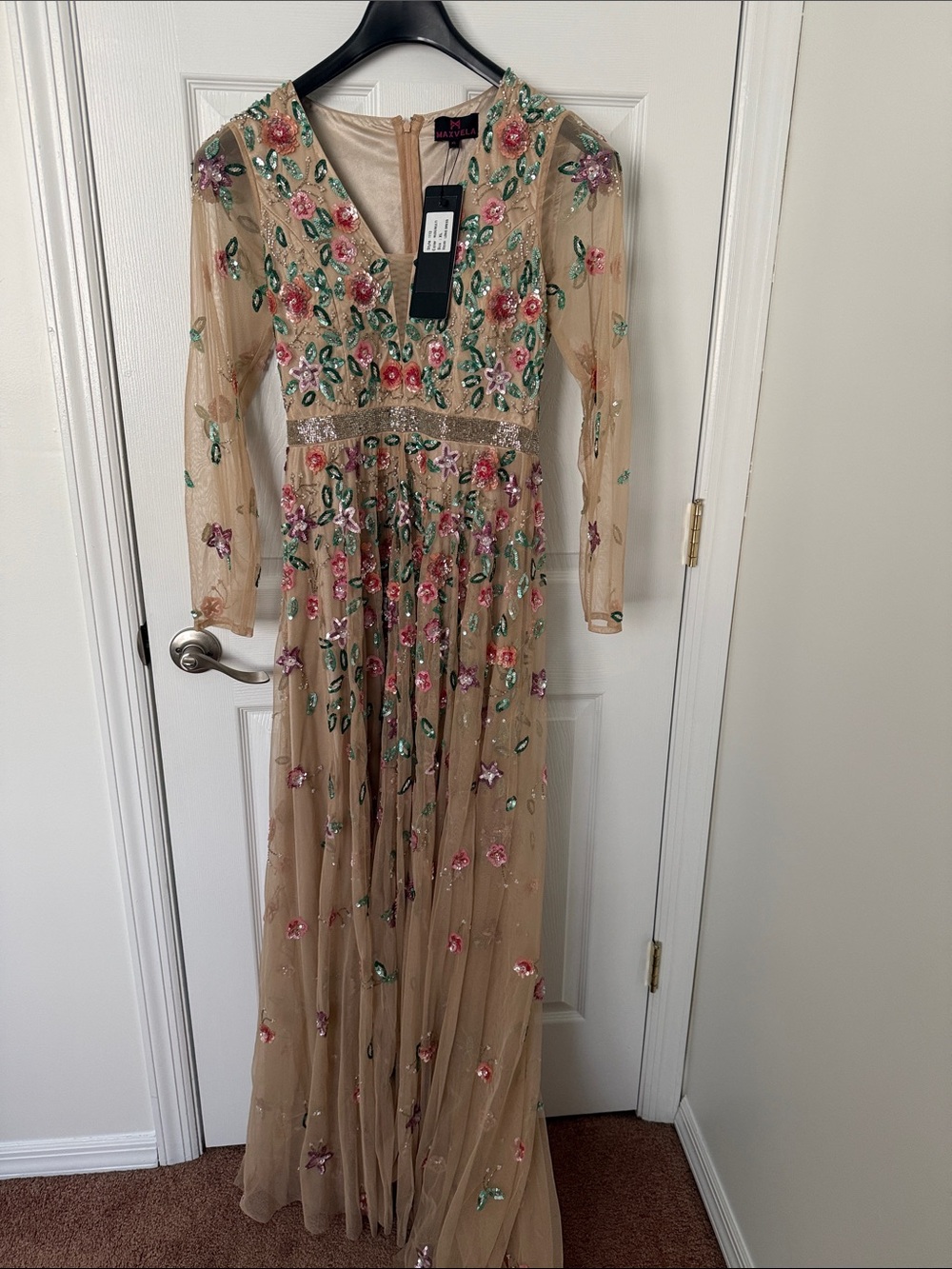 Embellished Nude Floral Mesh Evening Gown